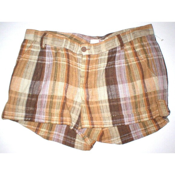 New Womens Joie Linen Shorts Tan Dark Khaki 12 Metallic Thread Brown Plaid Pocke - Picture 1 of 5